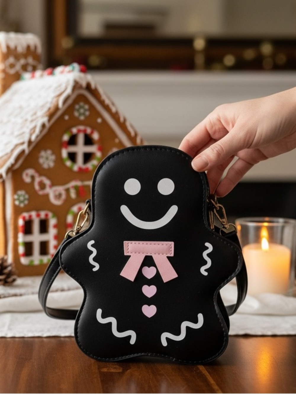 Ginger bread girl black with pink bow tie and heart buttons